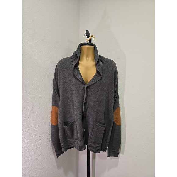 Academia Preppy Shawl Collar Gray Cardigan Sweater Elbow Patch Haband Mens Large - Picture 9 of 9